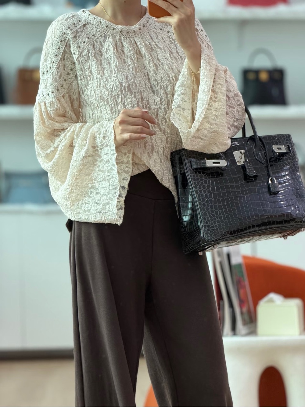 Cream Lace Long-Sleeve Peasant Blouse
